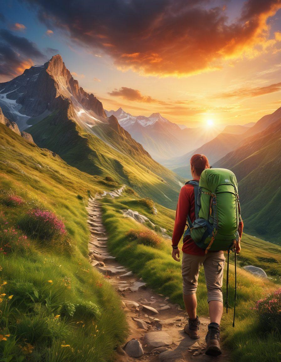 A breathtaking view of a majestic mountain range with lush green valleys below, showcasing hikers equipped with essential outdoor gear, such as backpacks and walking sticks. Include a detailed trail guide on the ground and a picturesque sunset to enhance the adventure theme. Capture the essence of exploration and nature's beauty. super-realistic. vibrant colors. scenic background.
