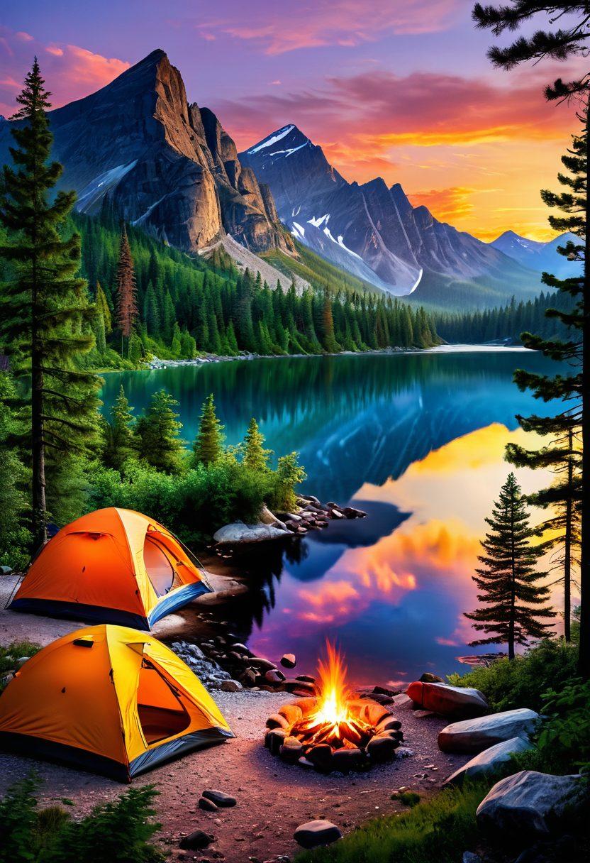 A serene campsite nestled in a lush forest with a variety of brightly colored tents, surrounded by majestic mountains and a sparkling lake. Campers enjoy various activities like cooking over an open fire and exploring winding trails. Add a breathtaking sunset in the background casting warm light over the scene, with wildlife peeking through the trees. vibrant colors. super-realistic.