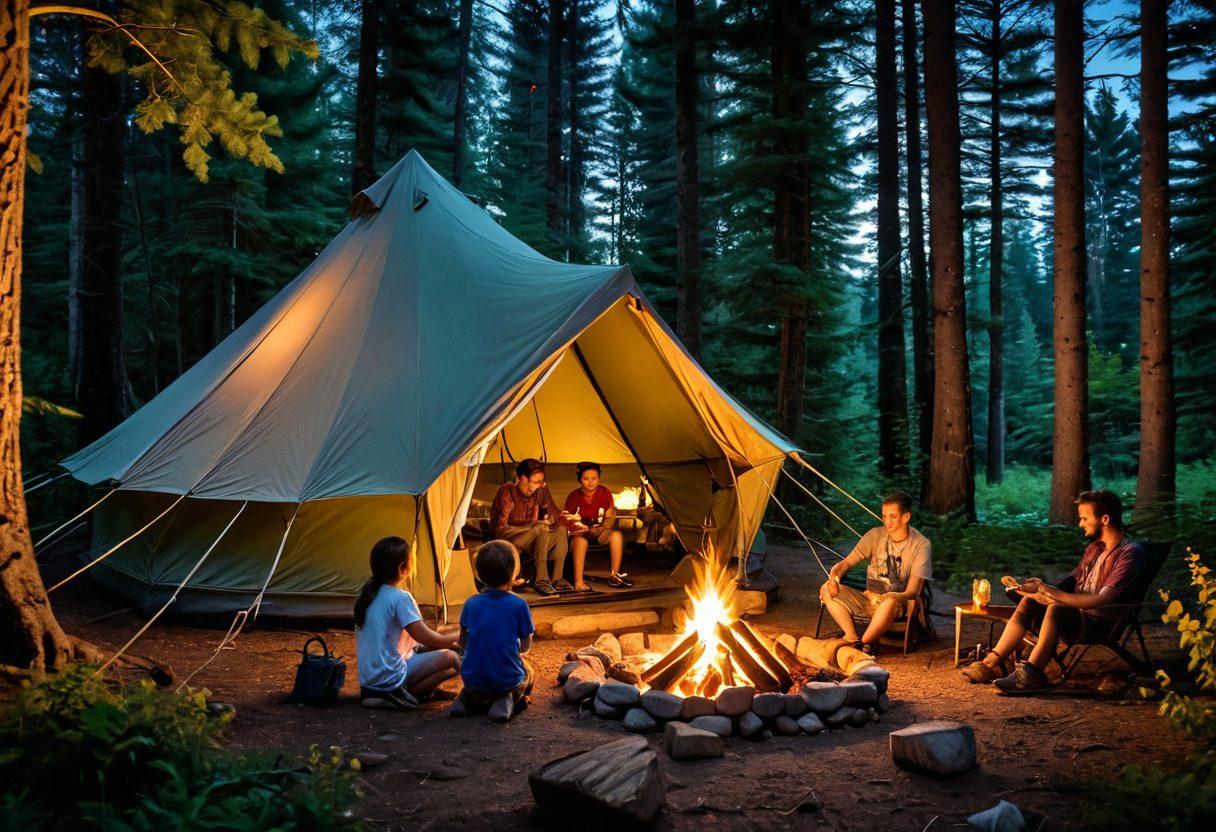 A cozy glamping tent set up in a lush green forest, with a family gathered around a campfire, learning survival skills. Scenic trails wind through the background, showcasing vibrant flora and fauna. The atmosphere is warm and inviting, with twinkling stars visible in the night sky. Children are roasting marshmallows, while parents teach knot-tying. super-realistic. vibrant colors. nature-themed.